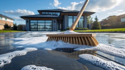 Broom cleaning a driveway with soap suds in front of a modern house