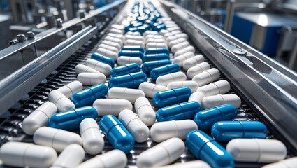 Pharmaceutical capsules moving on a conveyor belt in a modern manufacturing facility