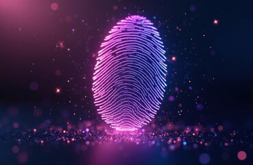 Glowing neon fingerprint in purple and blue hues floats above sparkling particles. Represents digital identity, cyber security, and personal data privacy in futuristic cyberspace.