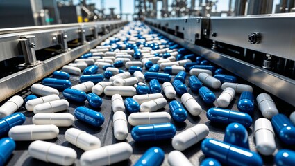 Pharmaceutical capsules moving on a conveyor belt in a modern manufacturing facility