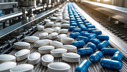 Pharmaceutical production line with white tablets and blue capsules moving on conveyor belt