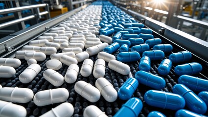 Pharmaceutical production line with white and blue capsules moving on a conveyor belt