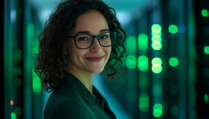 Smiling woman with glasses stands in server room. She works with tech hardware for data center operations. Female IT pro is happy near