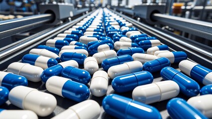Blue and white pharmaceutical capsules moving on a conveyor belt in a factory