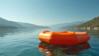 Orange inflatable boat floats serenely on calm lake water reflecting clear blue sky. Mountains and green hills surround peaceful blue expanse. Summer relaxation and outdoor fun.