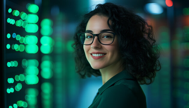 Smiling woman with glasses stands in server room. She works with tech hardware for data center operations. Female IT pro is happy near - Powered by Adobe