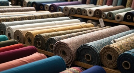Rows of colorful fabric rolls on shelves in a well-lit shop