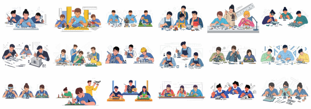 Collection of illustrations showing people engaged in hobby modeling, assembling, gluing, and meticulously painting miniature figures, vehicles, and architectural dioramas.