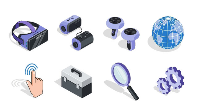 Isometric technology icons: vr headset, game controller, tools, and more