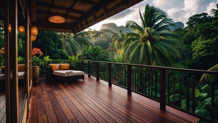 Luxury tropical resort balcony with lush jungle view and comfortable lounge chair