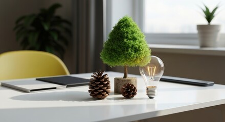 Eco-friendly desk scene with tree, bulb, pine cones, and tablet near a window
