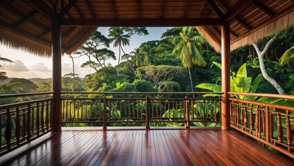 Balcony overlooking lush tropical rainforest with palm trees and vibrant greenery