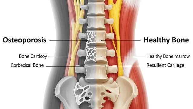 Comparison of healthy and osteoporotic human spine showing bone density differences.
