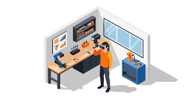 Man in virtual reality lab with modern tech and equipment in isometric design