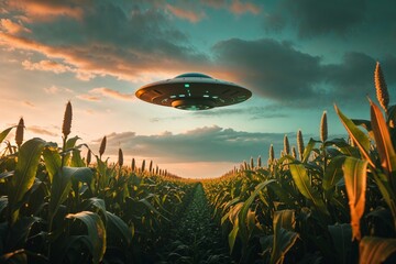 Flying saucer hovers over a cornfield at sunset with dramatic clouds