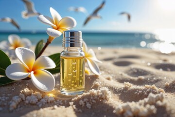 Aromatherapy essential oil bottle with plumeria flowers on a tropical beach with seagulls flying