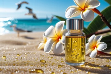 Aromatherapy essential oil bottle on a tropical beach with plumeria flowers and seagulls