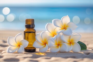 Amber essential oil bottle with white plumeria flowers on sandy beach with ocean background