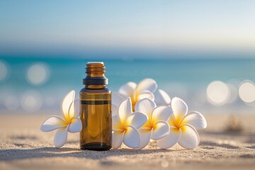 Amber essential oil bottle with plumeria flowers on a sandy beach with ocean background