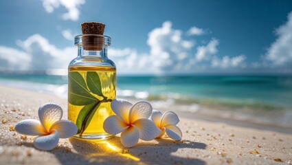 Tropical essential oil bottle with plumeria flowers on a serene beach with turquoise ocean waves