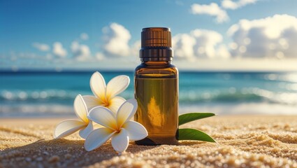 Amber essential oil bottle with plumeria flowers on sandy beach with ocean background