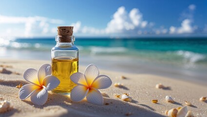 Aromatic essential oil bottle with plumeria flowers on a tropical beach