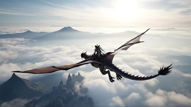 Epic fantasy dragon rider flying over clouds and mountains, cinematic aerial view
