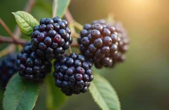 Dark ripe berries grow on green leafy branch in soft sunlight. Eleutherococcus senticosus fruits are small and round, ready for harvest. Nature scene shows plant in natural setting.