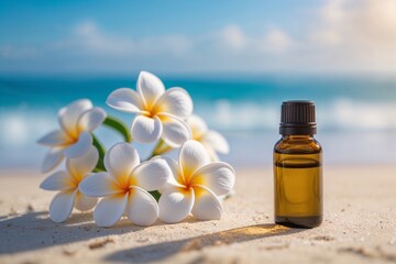 Aromatherapy essential oil bottle with plumeria flowers on a tropical beach background