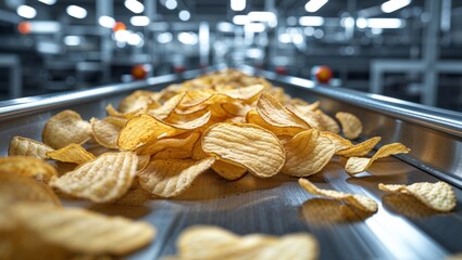 Crispy potato chips moving on a conveyor belt in a food processing factory