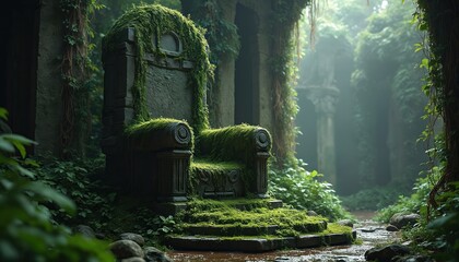 Overgrown ancient stone throne covered in moss, vines sits amidst ruins. Green foliage, misty atmosphere create mystical jungle setting. Rich vegetation reclaims derelict structures, nature takes