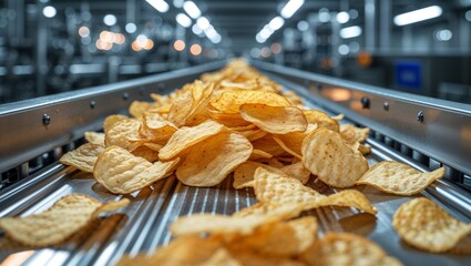 Crispy potato chips moving on a conveyor belt in a food production factory