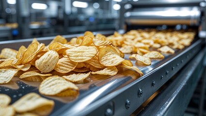 Crispy potato chips moving along a conveyor belt in a food production factory
