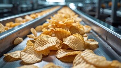 Crispy potato chips moving on a conveyor belt in a food production factory