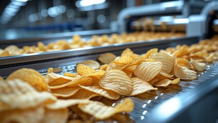 Crispy potato chips moving on a conveyor belt in a food production factory