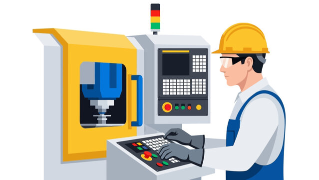 Industrial worker operating cnc machine with safety gear in a manufacturing facility