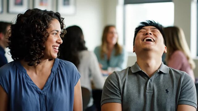 A businessman laughs heartily at a colleague's joke during a coffee break, showcasing a positive and friendly workplace environment in a soft-focus shot.