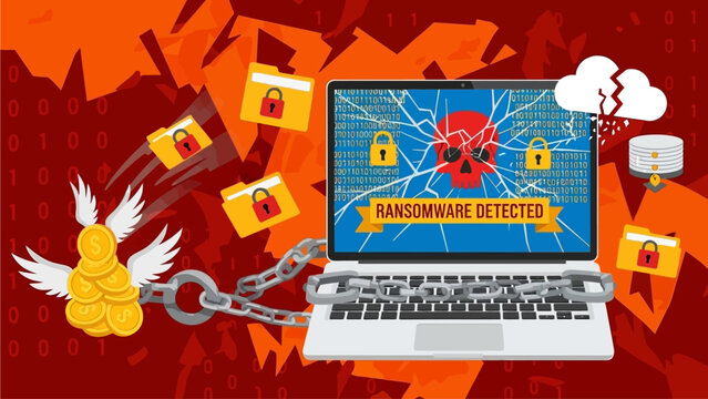 Laptop compromised by ransomware attack with padlocks and chains surrounding it