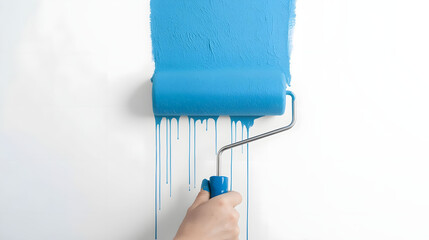 Hand applying bright blue paint with roller on white wall, symbolizing home renovation, interior refresh, creative diy process and modern minimal design concept
