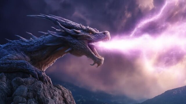 A blue dragon crouched on jagged rocks breathes a purple flame across a stormy, painted sky at dusk