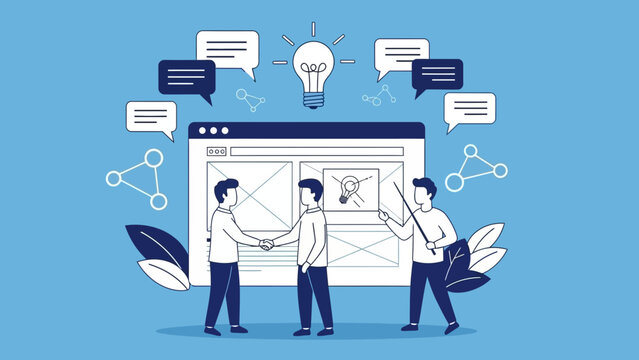 Three individuals collaborating on a web page design surrounded by creative elements and ideas