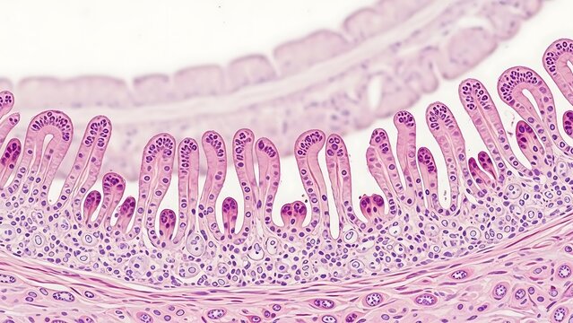 Microscopic view of biological tissue, likely intestinal or gastric mucosa, displaying villi-like structures and cellular details in a stained histological section.