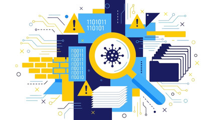 Analyzing digital virus threats in a virtual environment with magnifying glass and warning signs