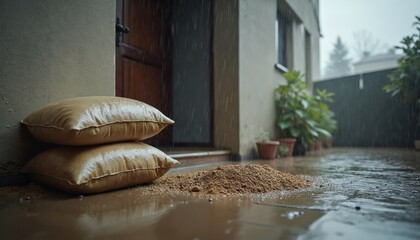 Sandbags stacked by house door for flood defense. Heavy rain falls on wet pavement. Preparedness for storm water accumulation near building entrance.
