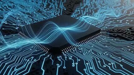 AI Processor on Circuit Board with Blue Data Flow Digital Technology  Future Computing Power. - Powered by Adobe