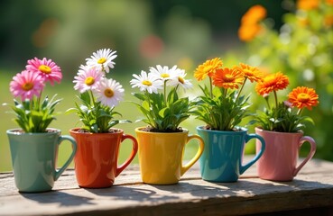 Fototapeta premium Five colorful cups hold blooming flowers. Small daisy plants grow in repurposed containers on a wooden surface. These vibrant blooms are ready for spring gardening and outdoor decor.