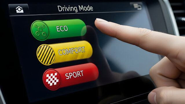 Enhance your project with this vibrant image showcasing a car's driving mode selection, perfect for illustrating automotive technology and innovation.