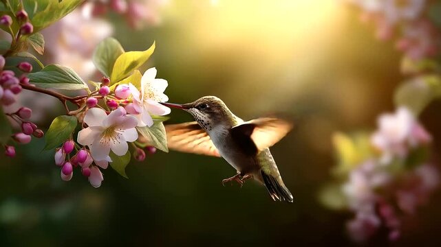 Artistic depiction of hummingbird sipping nectar from blossoms, scattered petals, gentle sunlight, serene nature scene, wildlife art, with copy space