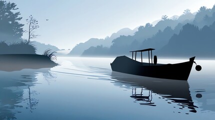 Monochromatic illustration of a boat on a calm lake with misty mountains and trees reflecting in the water