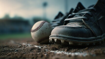 Intimate scene of baseball equipment resting on the diamond infield